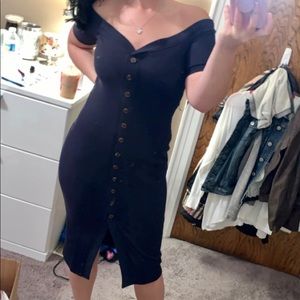 New LuLus Navy Button Off The Shoulder Midi Dress